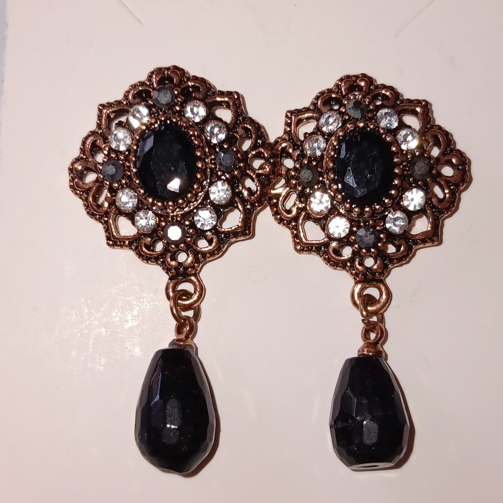 Elegant Black & Gold Rhinestone Dangle Drop Earrings New!